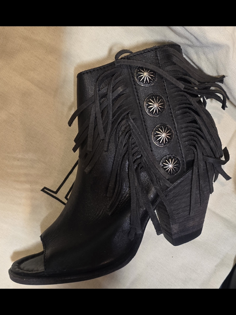 Liberty Black Womens Open Toe Fringe Concho Ankle Booties Black Leather Western